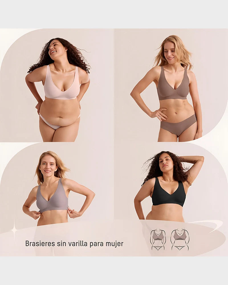 Brasier Sin Varilla Push Up para Mujer, Escote Profundo en V, Tirantes Anchos, Moldea la Espalda, Cómodo y Sin Costuras